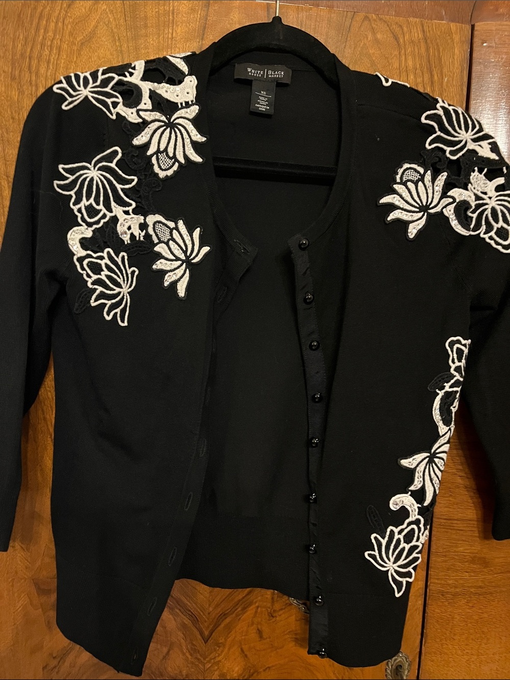 White House Black Market Black Cardigan with White/Silver Embroidery Size XS - Picture 2 of 11